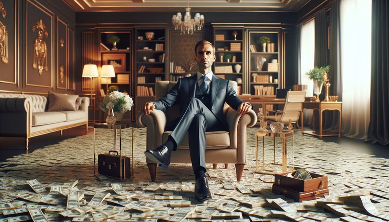A wealthy businessman sits in a room filled with money